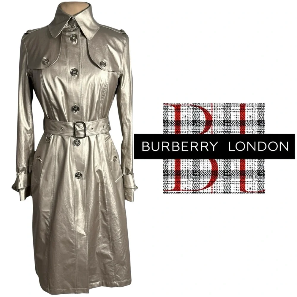 Burberry London Baldwin Metallic Trench Coat Champagne Muted Silver Gold US 6 - Picture 3 of 13